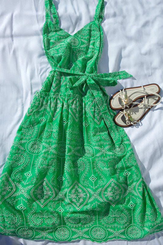 BELTED EMBROIDERED MIDI DRESS