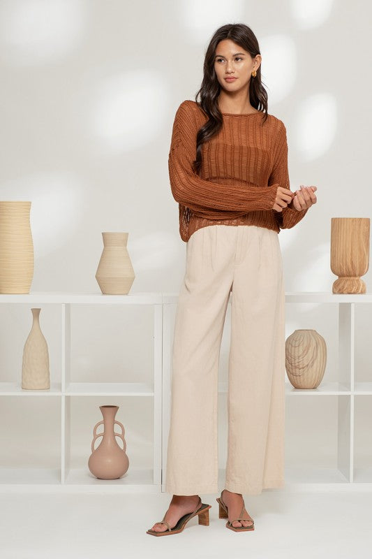 SHEER CROCHET LADDER KNIT PULLOVER SWEATER