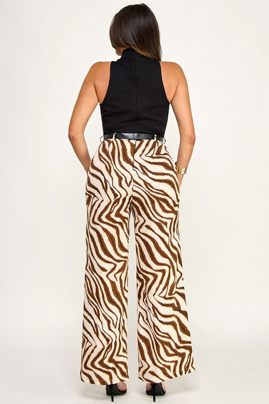 HEAVY PONTE SLVLS HIGH NECK BELTED CONTRAST PANTS SET