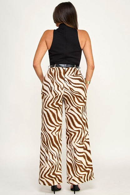 HEAVY PONTE SLVLS HIGH NECK BELTED CONTRAST PANTS SET