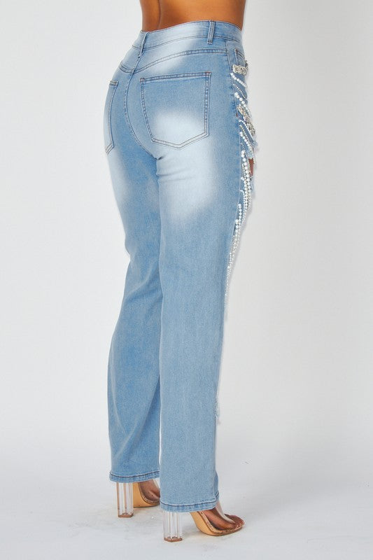 RIPPED DENIM PANTS WITH RHINESTONES