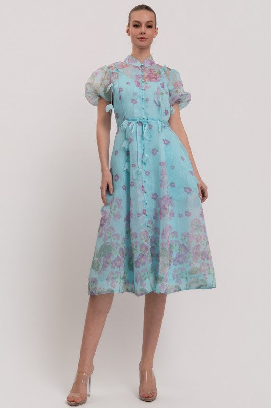 SHORT SLEEVES BUTTON DOWN FLORAL MIDI DRESS