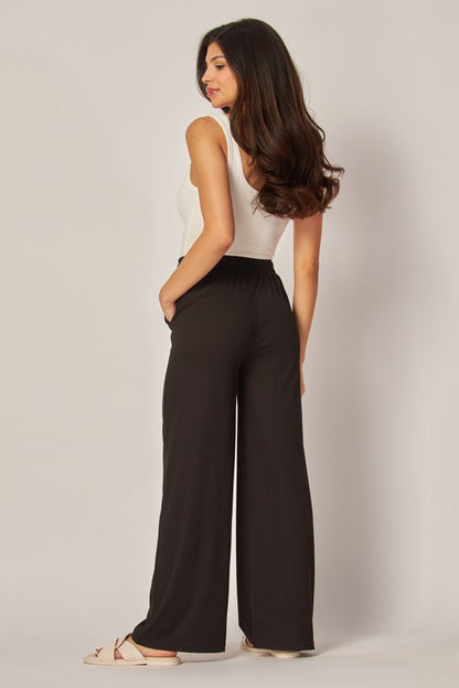 STRETCHY RIBBED DRAWSTRING POCKET WIDE LEG PANTS