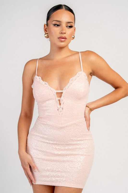 DEEP PLUNGE NECK LACE UP BACK MINI DRESS