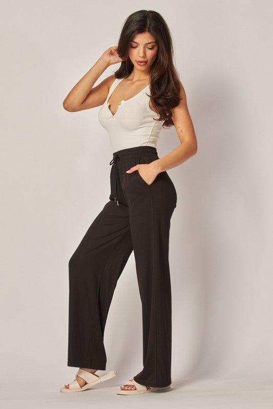STRETCHY RIBBED DRAWSTRING POCKET WIDE LEG PANTS