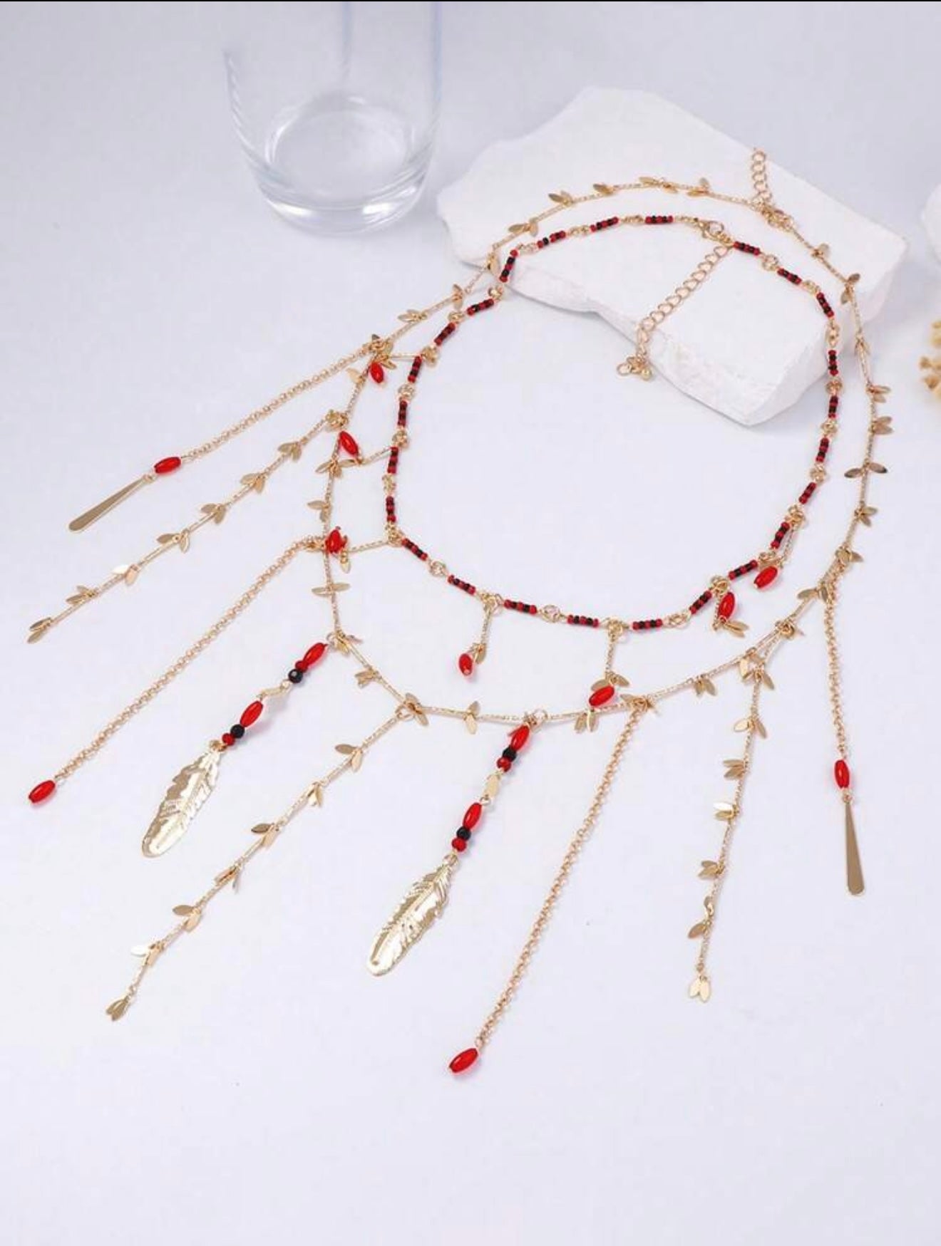 Luxurious Double Layer Chain & Metal Leaf Beaded Tassel  Necklace