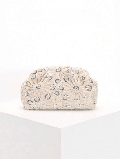 PVC SEQUINS PLEATED CLOUD MESH EMBROIDERED CLUTCH BAG