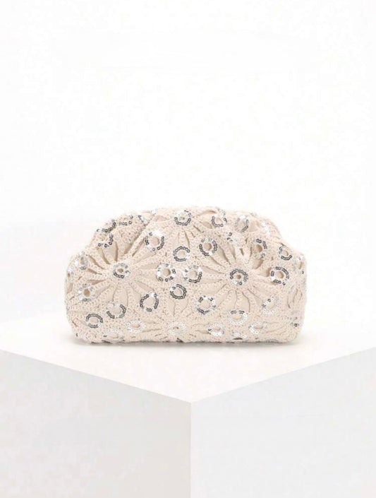 PVC SEQUINS PLEATED CLOUD MESH EMBROIDERED CLUTCH BAG