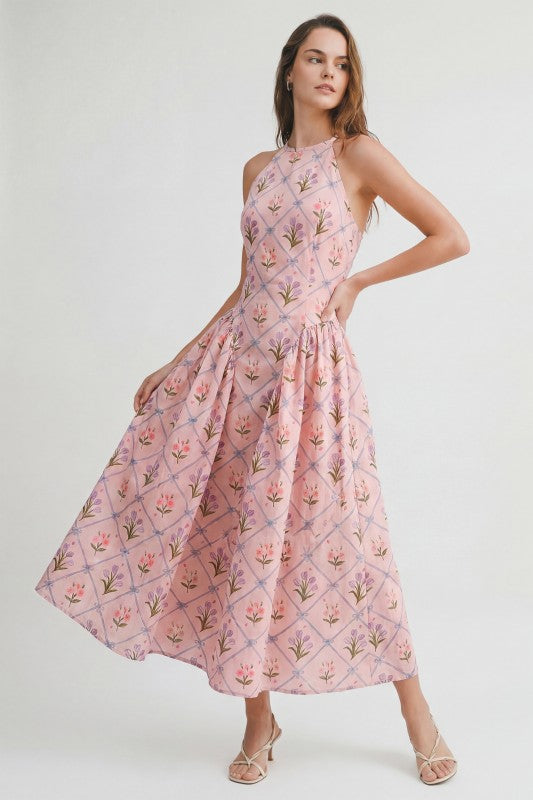 FLORAL JACQUARD HALTER MIDI DRESS