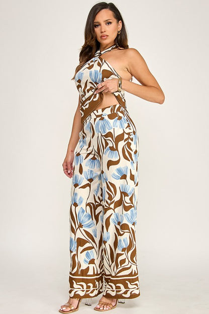 PRINTED HALTER NECK OPEN TIE DETAIL TOP W/PANTS SET
