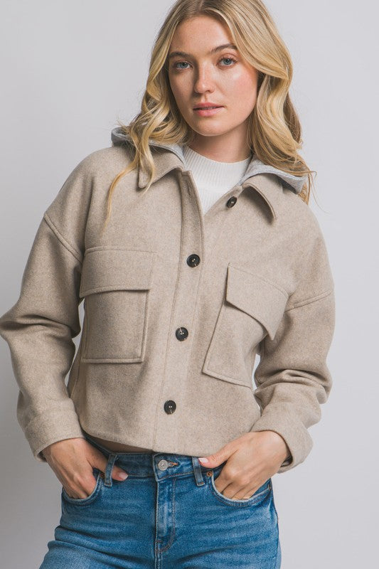 CROPPED FLEECE SHACKET WITH REMOVABLE HOOD