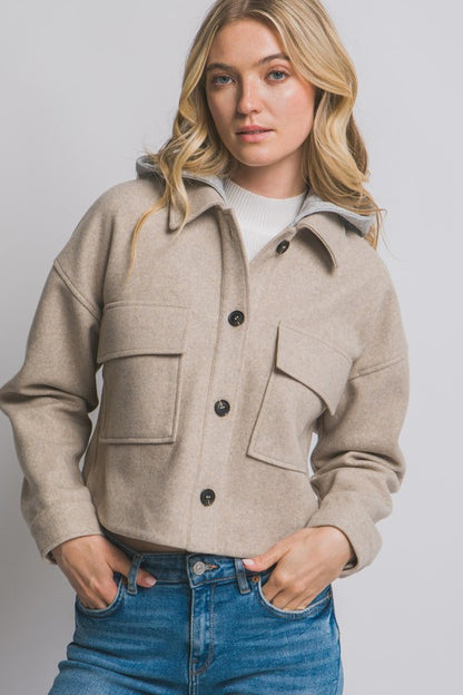 CROPPED FLEECE SHACKET WITH REMOVABLE HOOD