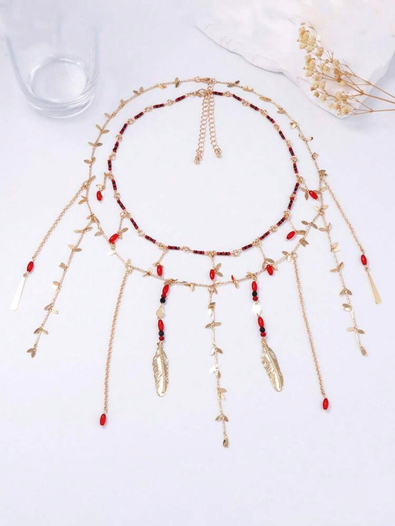 Luxurious Double Layer Chain & Metal Leaf Beaded Tassel  Necklace