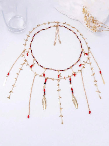 Luxurious Double Layer Chain & Metal Leaf Beaded Tassel  Necklace