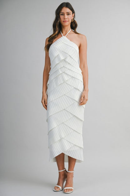 PLEATED HALTER LAYERED DIAGONAL RUFFLE MIDI DRESS