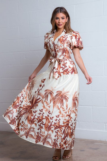 LEAF PRINT TIERED MAXI DRESS