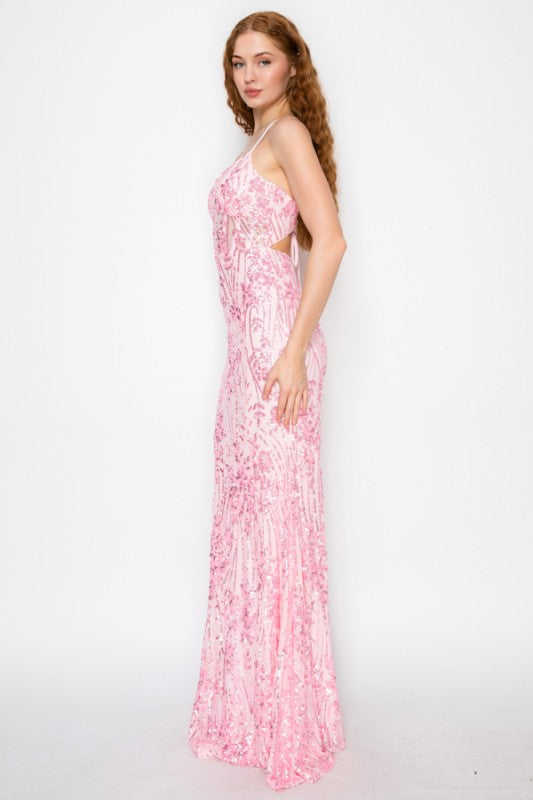 FLORAL SEQUIN MERMAID MAXI COCKTAIL DRESS