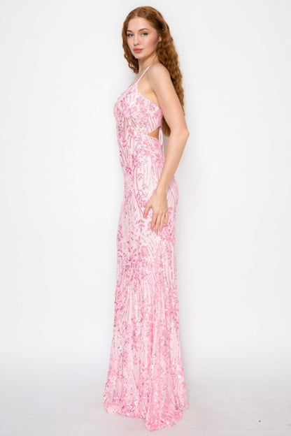 FLORAL SEQUIN MERMAID MAXI COCKTAIL DRESS