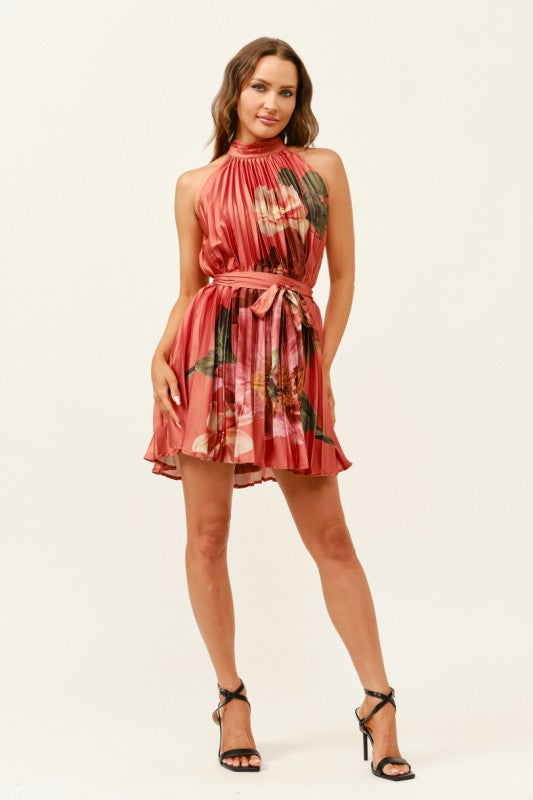 PLEATED HALTER FLORAL MINI DRESS