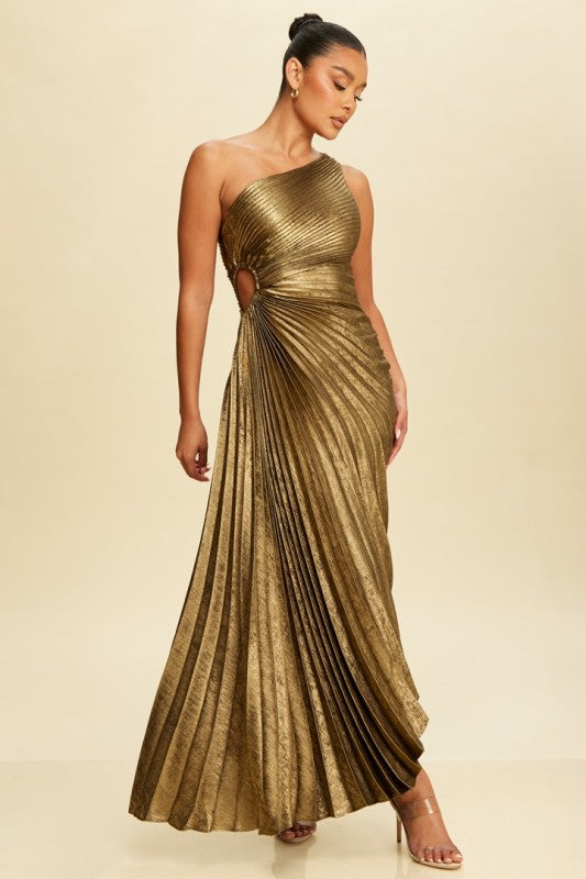 METALLIC PLEATED ONE SHOULDER DRESS
