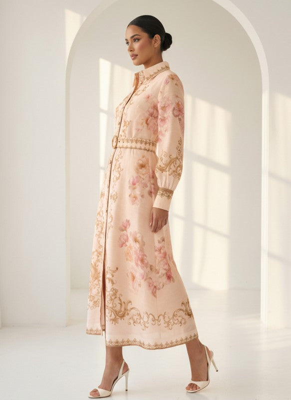 PRINTED LONG SLEEVES BELTED DRESS