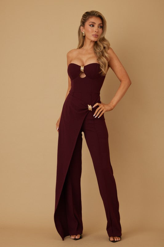DRAPED STRAPLESS JUMPSUIT WITH GOLD