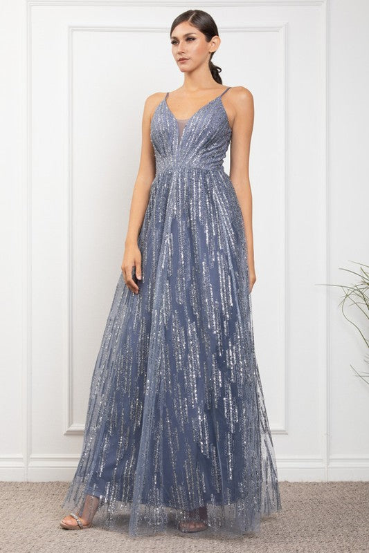 DEEP V NECK SPAGHETTI STRAP SEQUINED MAXI COCKTAIL DRESS