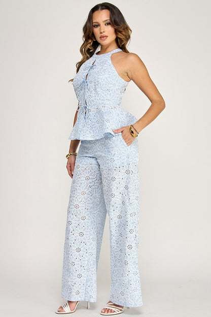 HALTER NECK TIE FRONT PEPLUM TOP W/ PANTS SET
