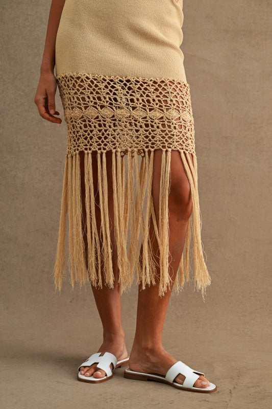 CROCHET FRINGE HEM KNIT MIDI DRESS