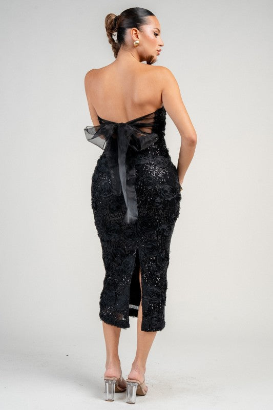 RIBBON 3D FLORAL SEQUINS LACE MIDI DRESS