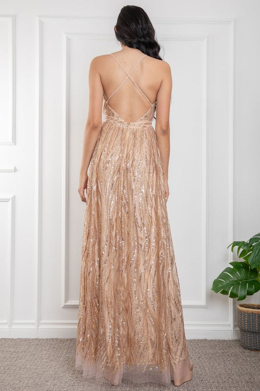 SEQUINED MESH CORSET MAXI DRESS