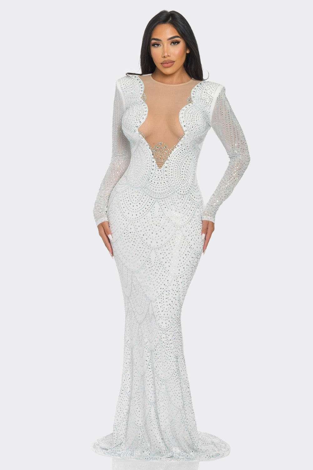 RHINESTONE EMBELLISHED LONG SLEEVE MAXI Cocktail DRESS