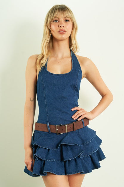 DENIM HALTER RUFFLE MINI DRESS