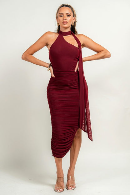 LUXE MESH ASYMMETRIC BACK DRAPED RUCHED MIDI DRESS