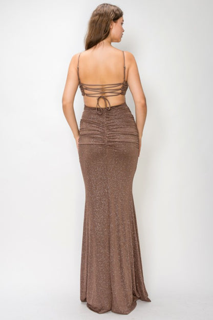 RHINESTONE RUCHED MERMAID MAXI COCKTAIL DRESS