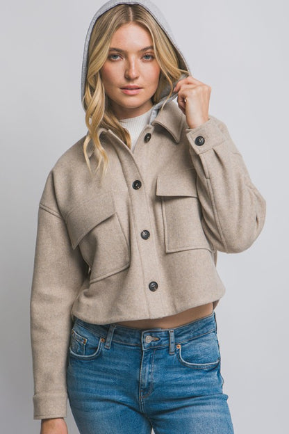 CROPPED FLEECE SHACKET WITH REMOVABLE HOOD