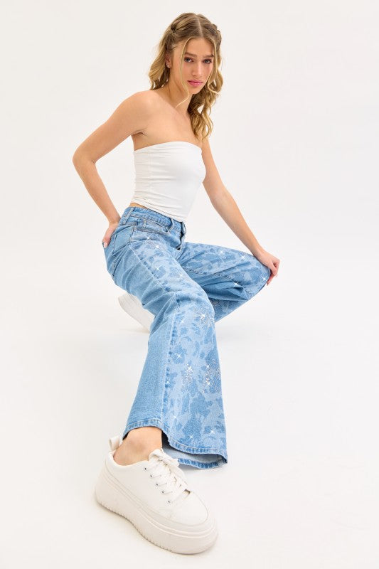 HIGH RKSE FLORAL WIDE LEG WITH RHINESTONE