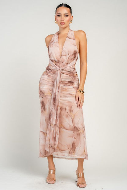 METALLIC MESH PRINT MAXI DRESS W/ A FRONT SASH