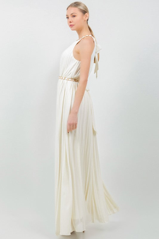 SOLID SLEEVELESS CHAIN HALTER NECK W CHAIN BELT PLEATED MAXI DRESS