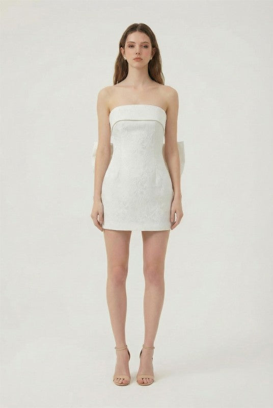 BACK BOW DETAIL PRINTED JACQUARD TUBE BODYCON MINI PARTY DRESS