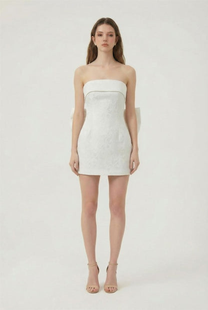 BACK BOW DETAIL PRINTED JACQUARD TUBE BODYCON MINI PARTY DRESS