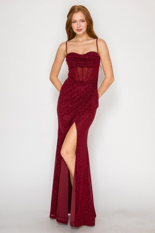 SOLID GLITTER MESH CORSET MAXI PARTY DRESS