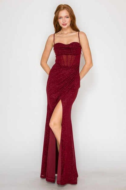 SOLID GLITTER MESH CORSET MAXI PARTY DRESS