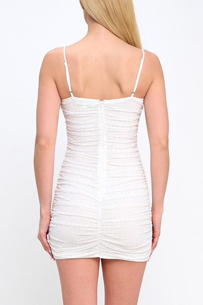 EMBELLISHED PLUNGING NECKLINE RUCHED MINI DRESS