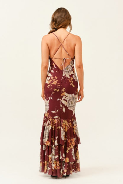 FLORAL CROSS BACK TIERED MAXI DRESS