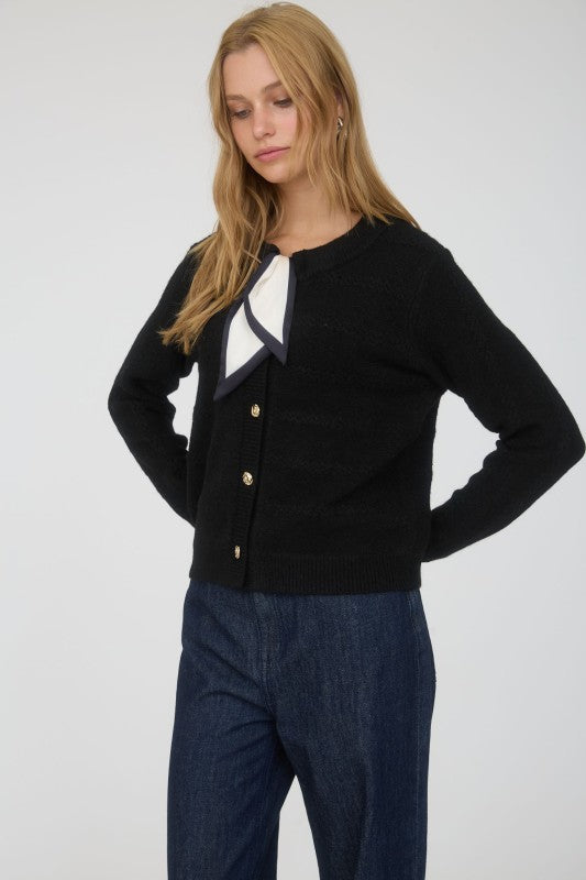 SCARF NECK DETAIL BUTTON DOWN KNIT CARDIGAN