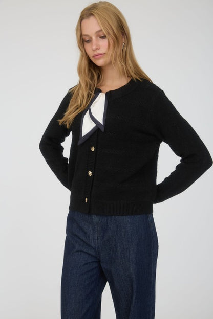 SCARF NECK DETAIL BUTTON DOWN KNIT CARDIGAN