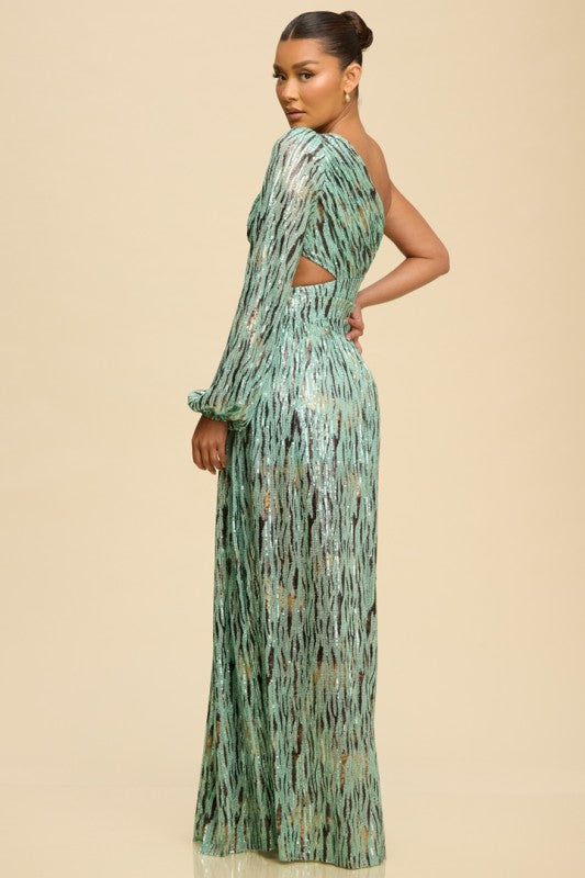ONE SHOULDER SEQUIN MESH MAXI PARTY DRESS