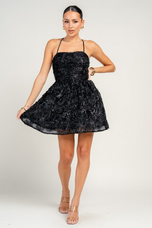 STRAPY OPEN BACK 3D SEQUIN LACE MINI PARTY DRESS