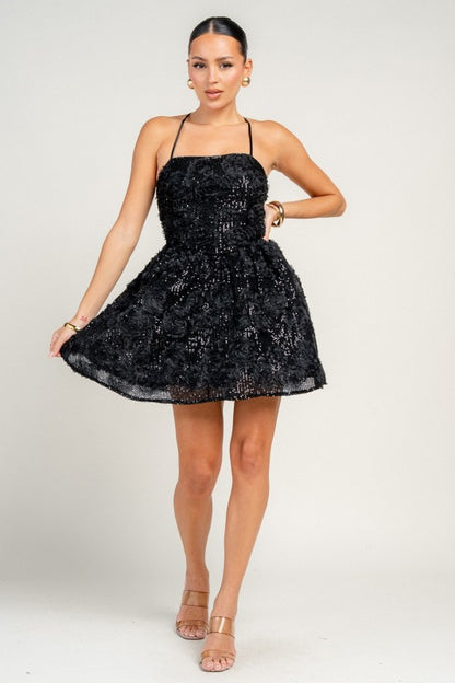 STRAPY OPEN BACK 3D SEQUIN LACE MINI PARTY DRESS